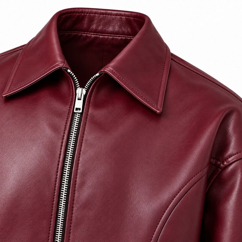 Collar and zip detail of the burgundy leather jacket